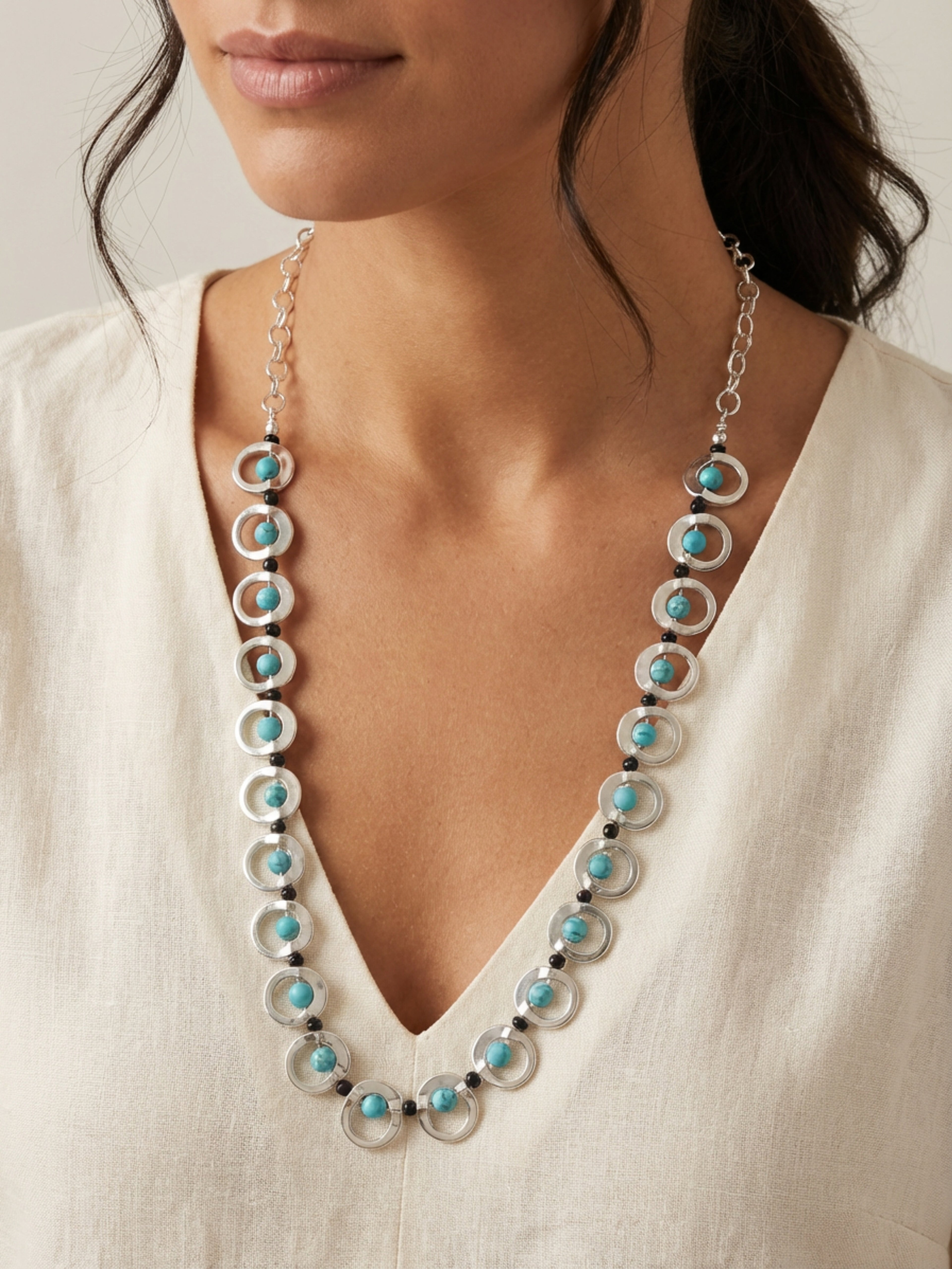 Silver Turquoise Bead Frame Necklace